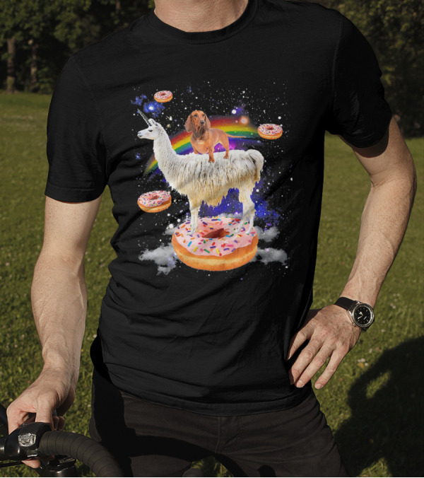 Space Adventure Dachshund On Llama Unicorn With Rainbow And Donuts T-Shirt