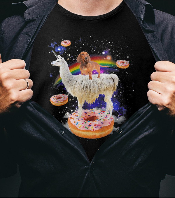 Space Adventure Dachshund On Llama Unicorn With Rainbow And Donuts T-Shirt