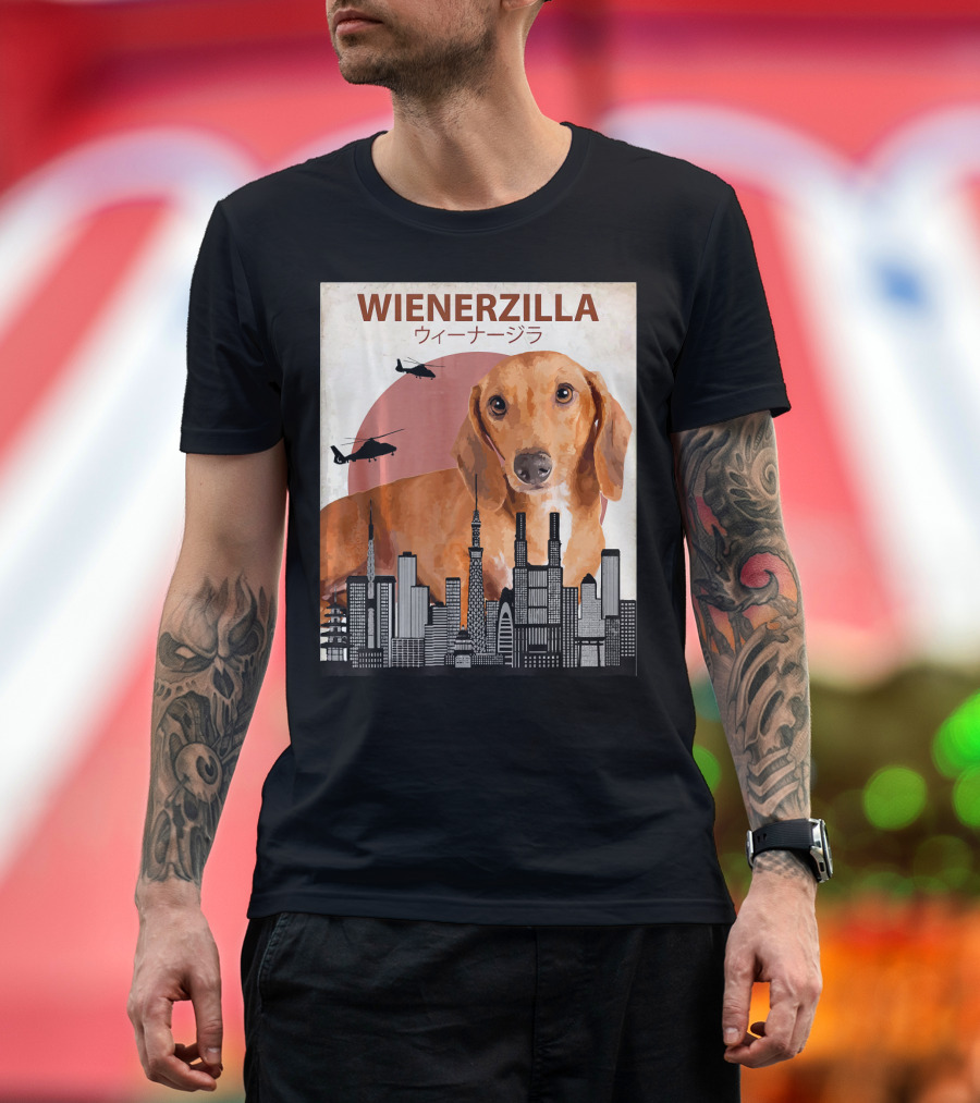 WIENERZILLA Funny Wiener Dog Helicopters Skyline T-Shirt