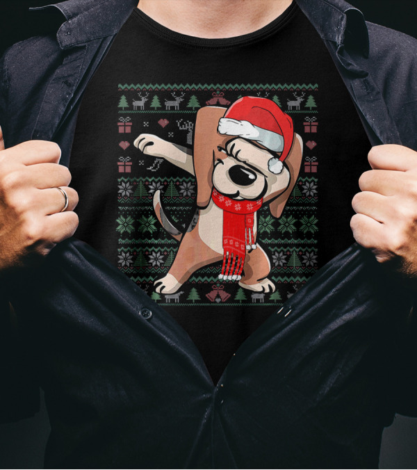 Ugly Xmas Dabbing Beagle Dog Christmas Santa Hat T-Shirt