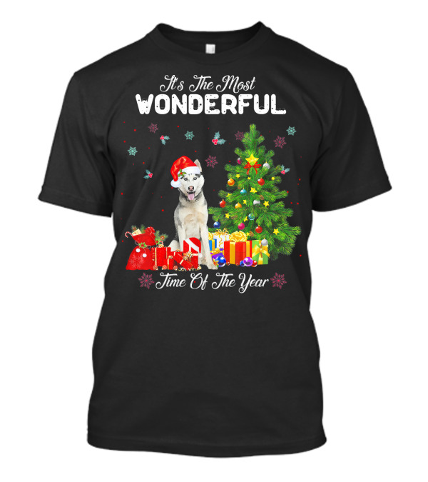 It's The Most Wonderful Time Of The Year Husky Santa Christmas Tree And Gifts T-Shirt