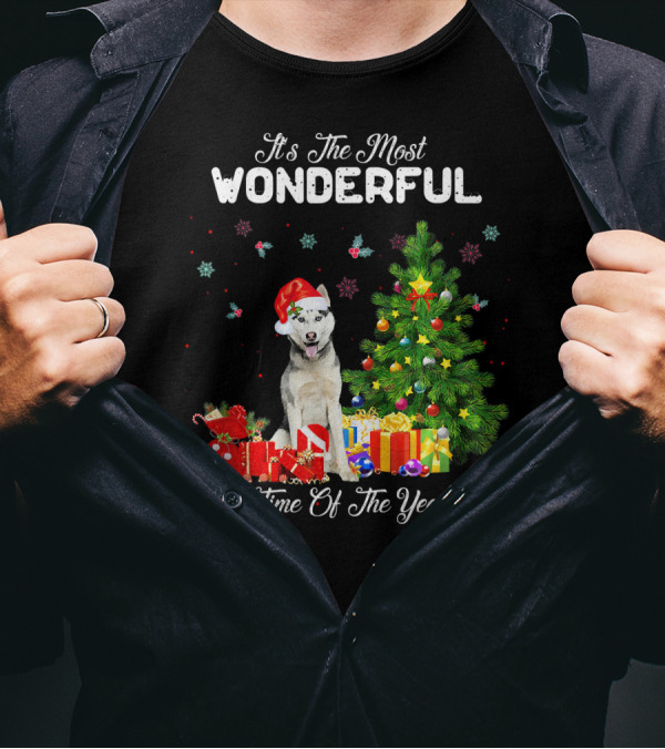 It's The Most Wonderful Time Of The Year Husky Santa Christmas Tree And Gifts T-Shirt