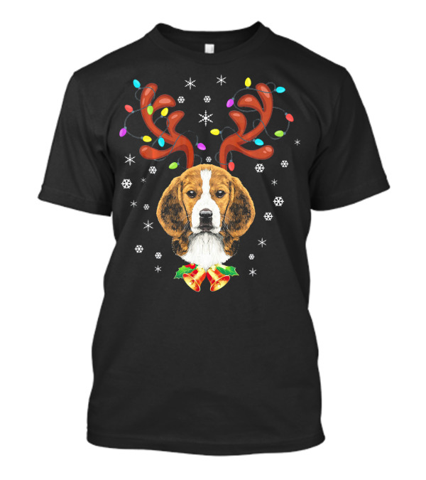 Xmas Funny Beagle Reindeer Horns With Colorful Lights And Snowflakes T-Shirt