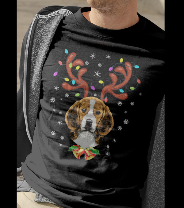 Xmas Funny Beagle Reindeer Horns With Colorful Lights And Snowflakes T-Shirt