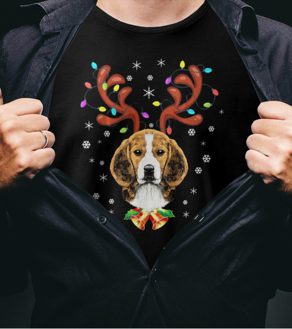 Xmas Funny Beagle Reindeer Horns With Colorful Lights And Snowflakes T-Shirt