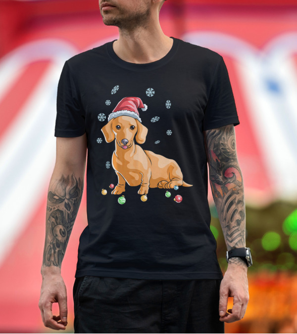 Premium T-Shirt: Wiener Dog Dachshund Puppy Santa Hat Christmas Snowflakes Ornaments T-Shirt Wiener Dog Dachshund Puppy Santa Hat Christmas Snowflakes Ornaments T-Shirt