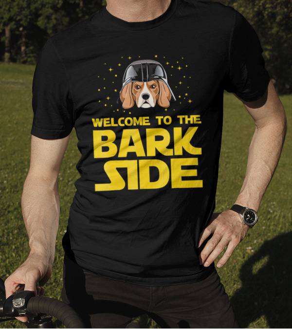 Welcome To The Bark Side Beagle In Star Helmet With Yellow Lettering And Stars T-Shirt
