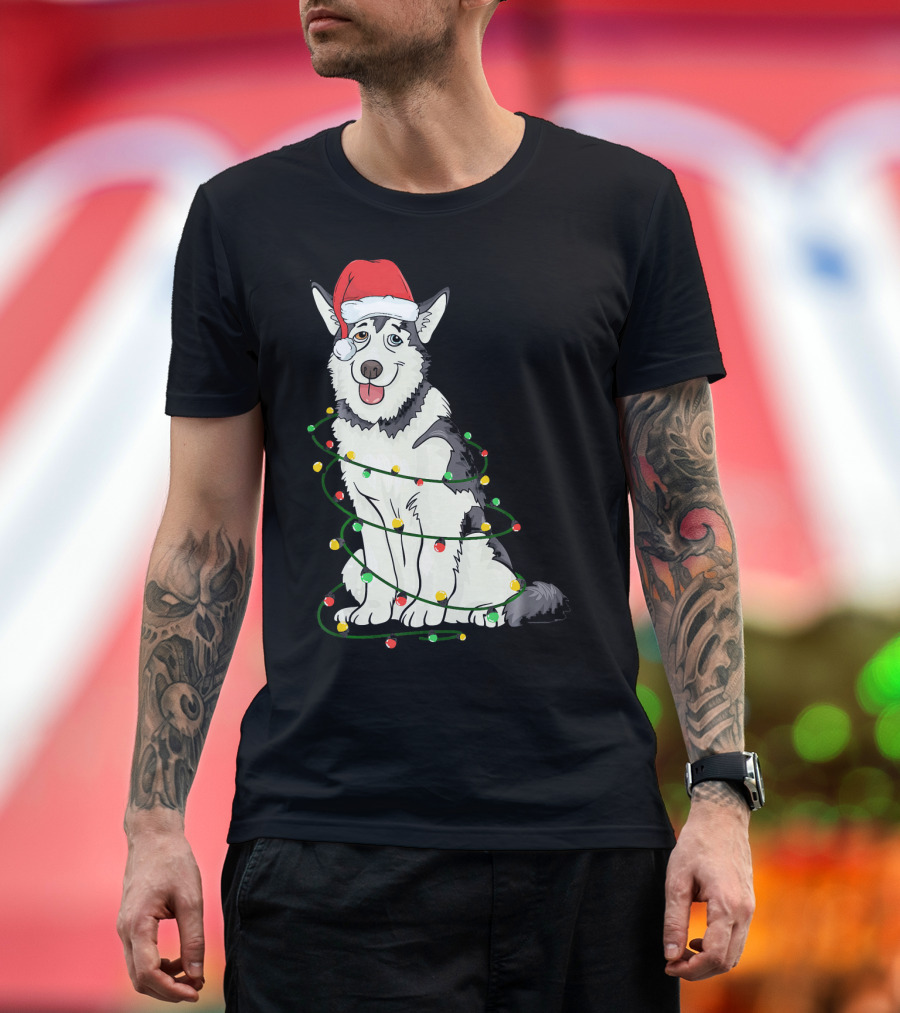 Siberian Husky Santa Claus Hat Merry Christmas Lights T-Shirt