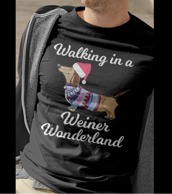 Walking In A Weiner Wonderland Dachshund Christmas Sweater Santa Hat T-Shirt