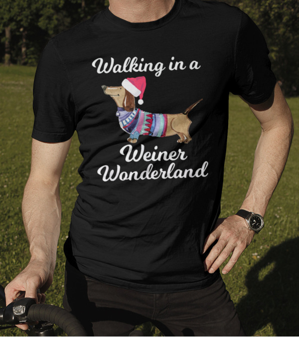 Walking In A Weiner Wonderland Dachshund Christmas Sweater Santa Hat T-Shirt