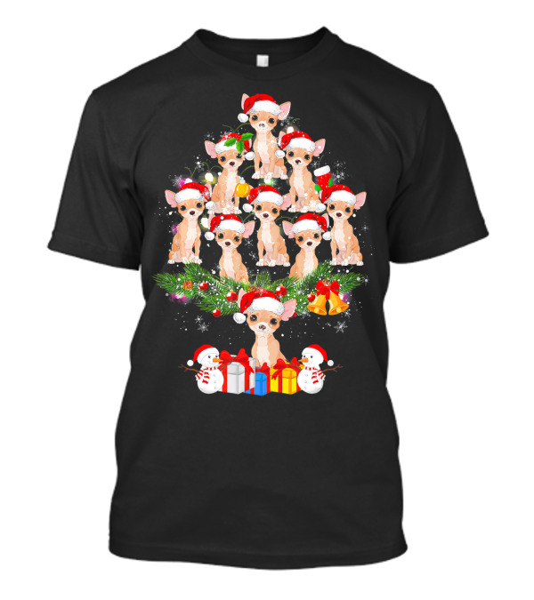 Chihuahua Christmas Tree Santa Hat With Presents And Snowmen T-Shirt
