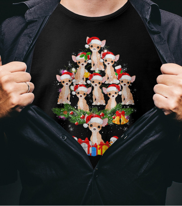 Chihuahua Christmas Tree Santa Hat With Presents And Snowmen T-Shirt