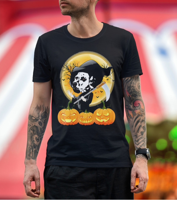 Premium T-Shirt: Cute Dalmatian Grim Reaper with Pumpkins and Moon T-Shirt Cute Dalmatian Grim Reaper with Pumpkins and Moon T-Shirt