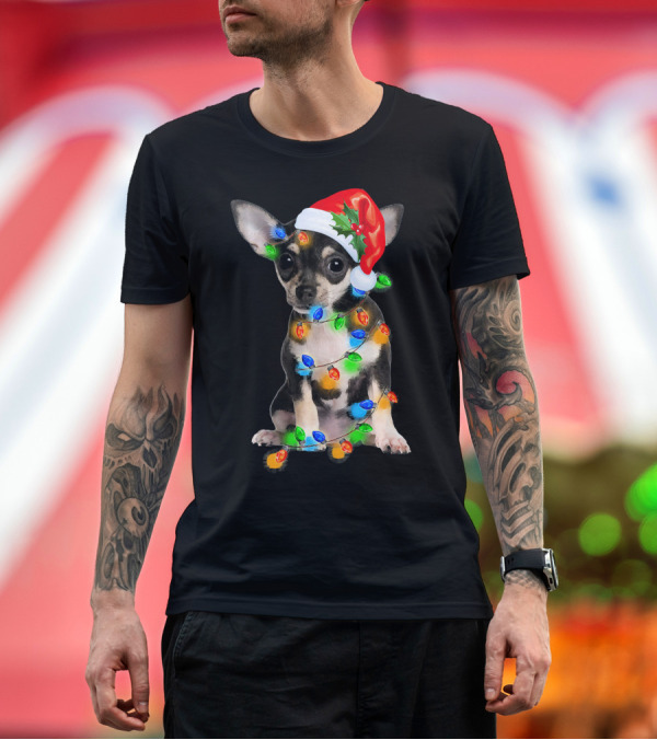 Premium T-Shirt: Black Chihuahua Christmas Lights Santa Hat T-Shirt Black Chihuahua Christmas Lights Santa Hat T-Shirt