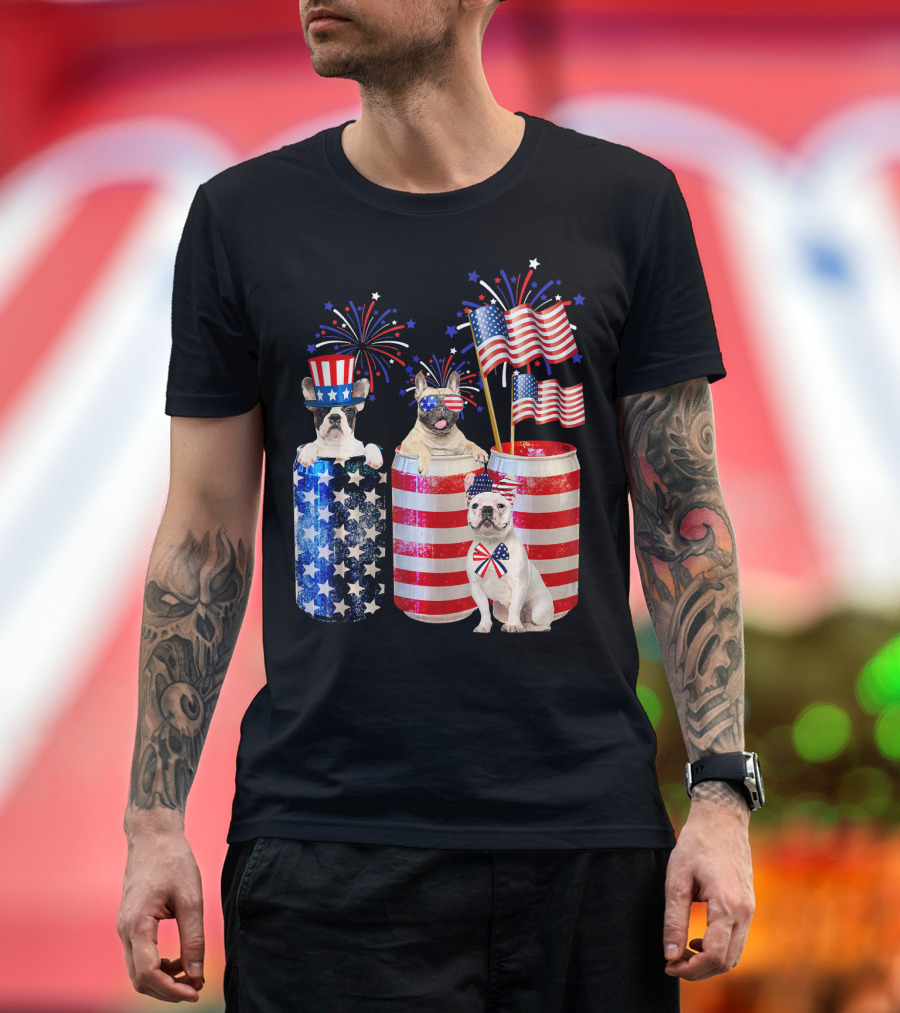 Patriotic French Bulldogs with American Flags and Fireworks T-Shirt