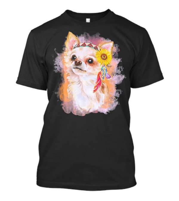 Chihuahua In Native American Headdress With Sunflower And Feathers T-Shirt