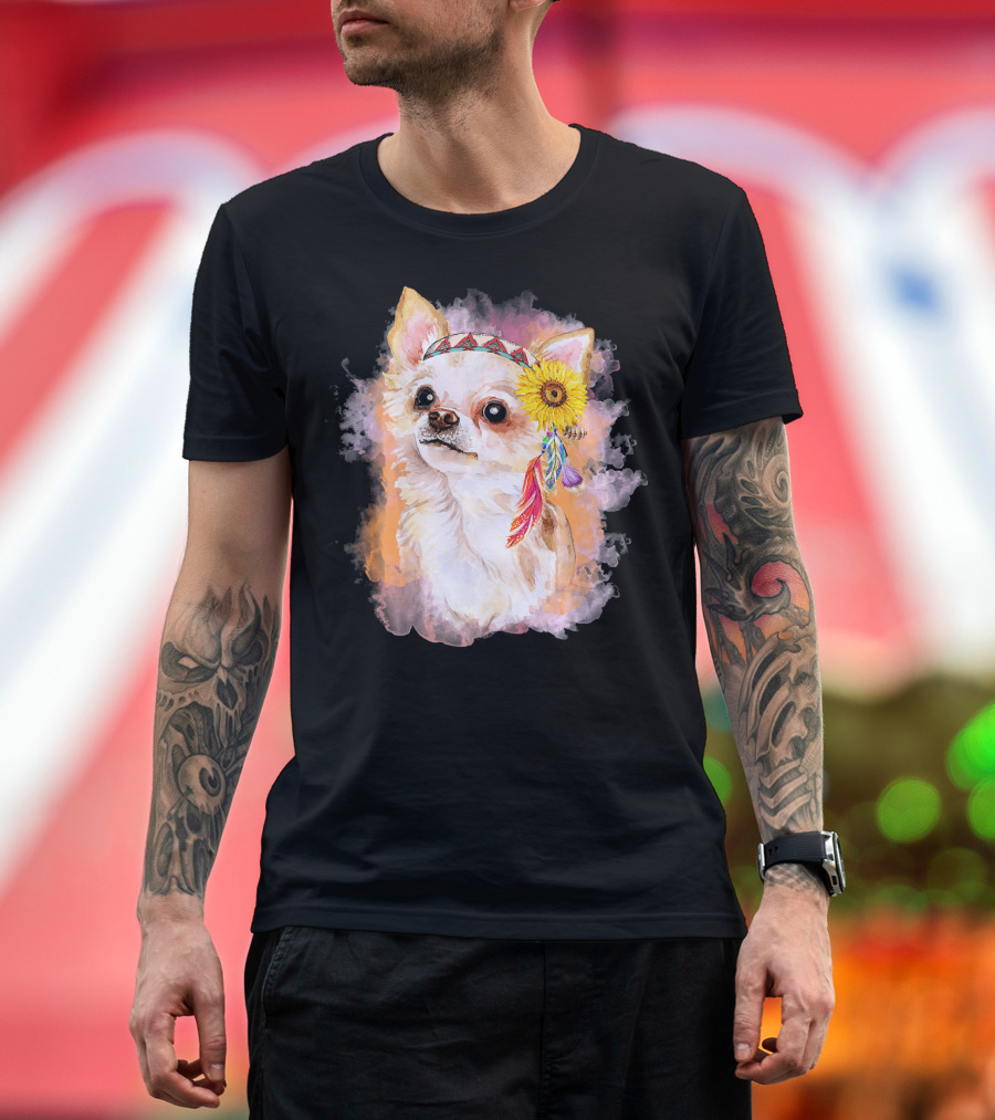 Chihuahua in Native American Headdress with Sunflower and Feathers T-Shirt