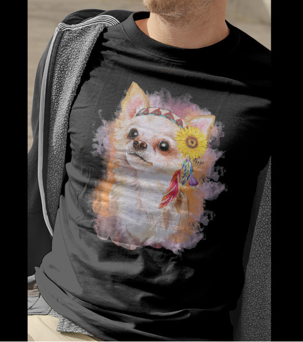 Chihuahua In Native American Headdress With Sunflower And Feathers T-Shirt