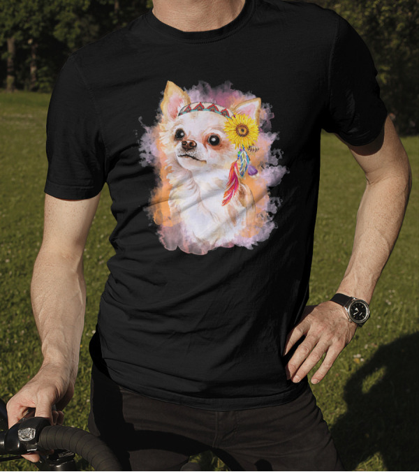 Chihuahua In Native American Headdress With Sunflower And Feathers T-Shirt