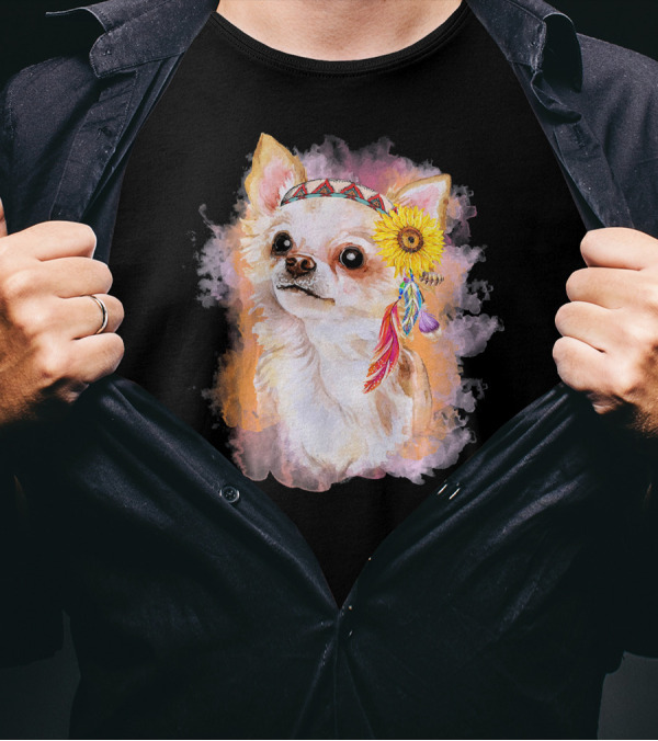 Chihuahua In Native American Headdress With Sunflower And Feathers T-Shirt