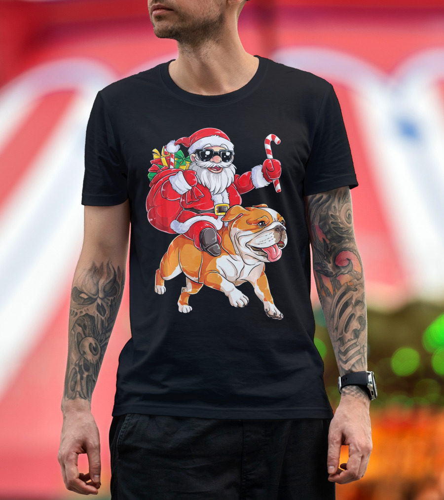 Christmas Santa Claus Riding English Bulldog with Gifts and Candy Cane T-Shirt