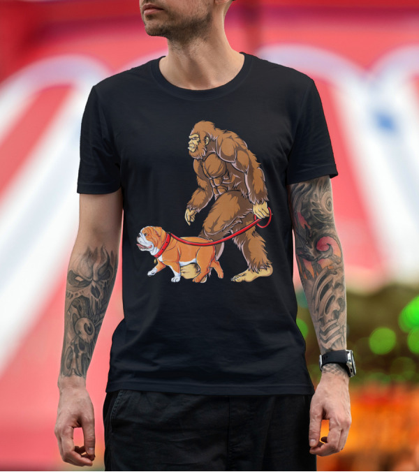 Premium T-Shirt: Bigfoot Walking English Bulldog on Leash T-Shirt Bigfoot Walking English Bulldog on Leash T-Shirt