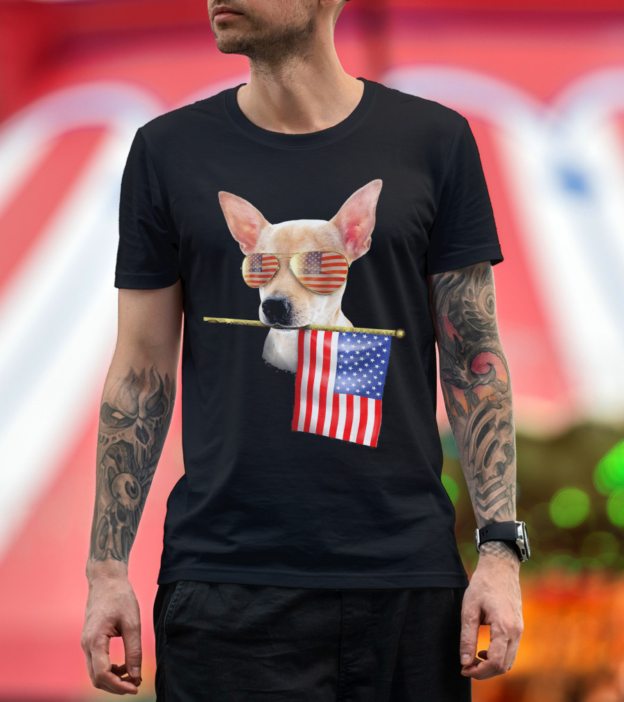 4th of July Fun American Flag Chihuahua Wearing Sunglasses T-Shirt