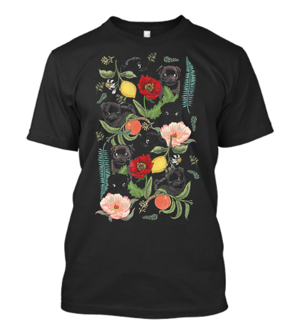 Botanical Pug Pattern With Floral And Fruit Elements T-Shirt