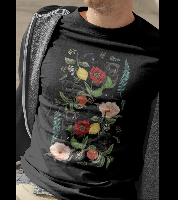 Botanical Pug Pattern With Floral And Fruit Elements T-Shirt
