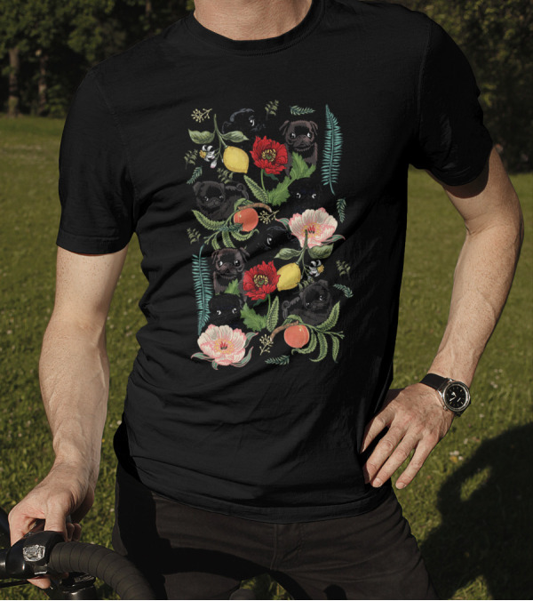 Botanical Pug Pattern With Floral And Fruit Elements T-Shirt