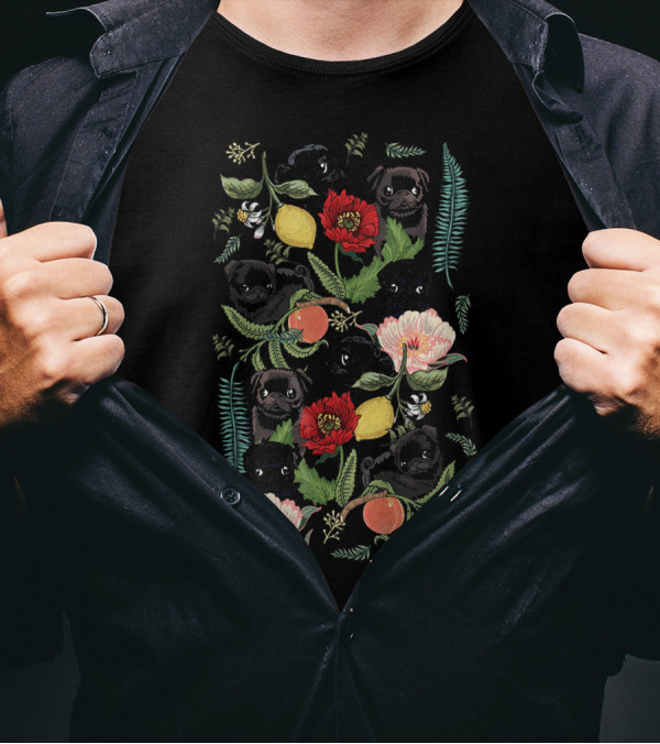 Botanical Pug Pattern With Floral And Fruit Elements T-Shirt
