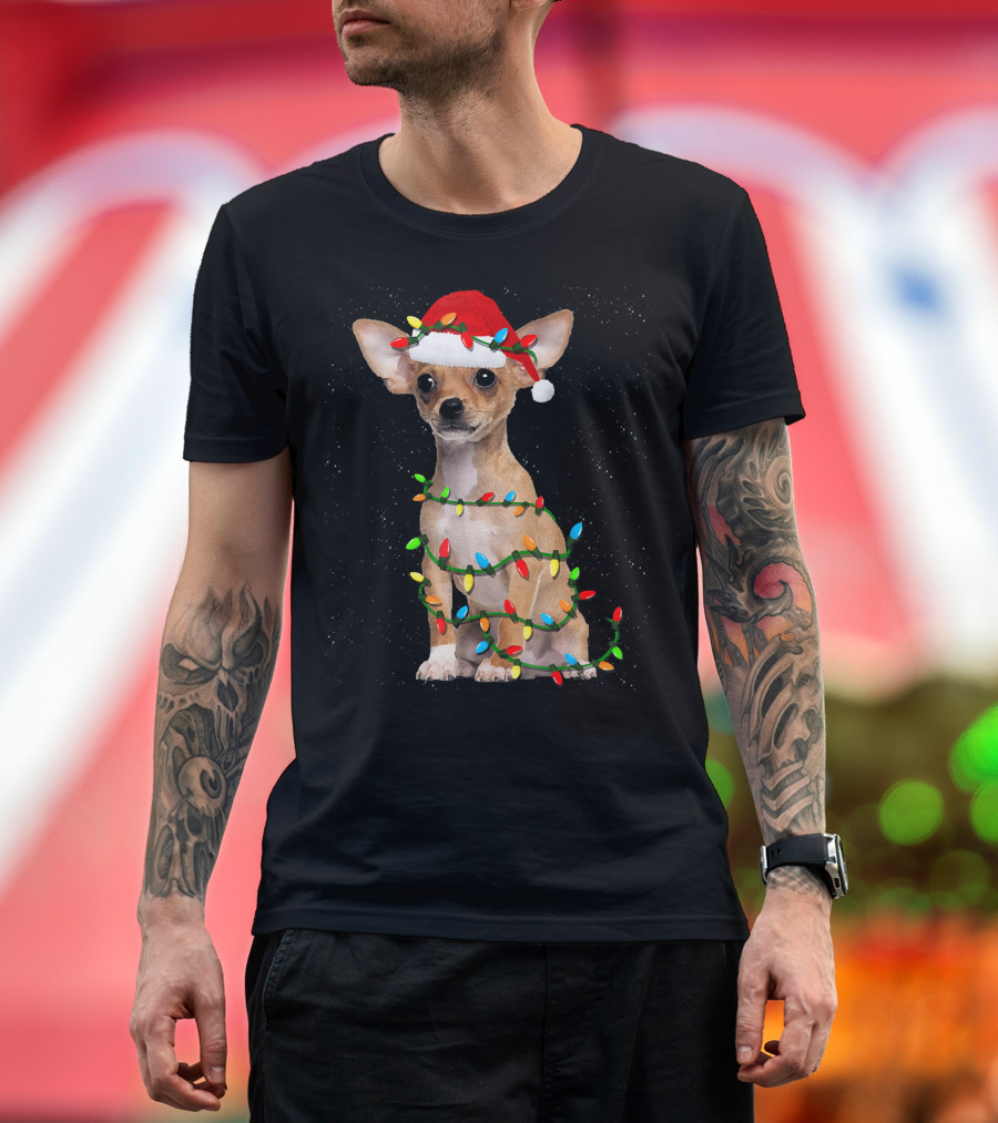 Chihuahua Christmas Dog with Santa Hat and Holiday Lights T-Shirt