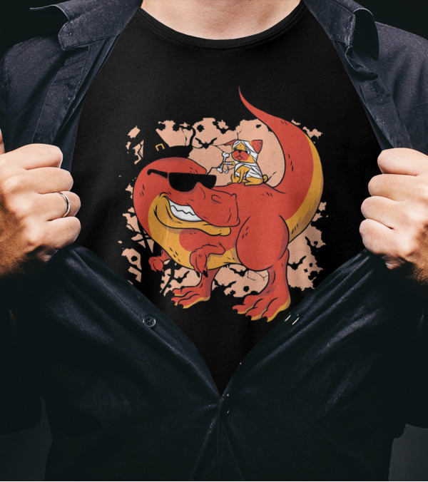 Dinosaur With Sunglasses, Witch Hat, And Mummy Candy Collector On Back T-Shirt