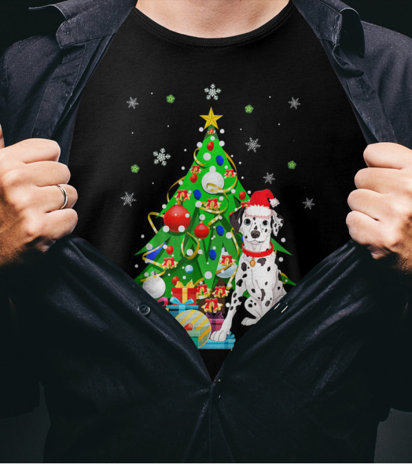 Cute Dalmatian Santa With Christmas Tree And Presents T-Shirt