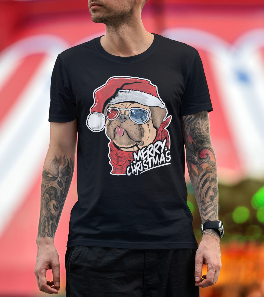 Merry Christmas Pug Dog Santa Claus with Sunglasses T-Shirt