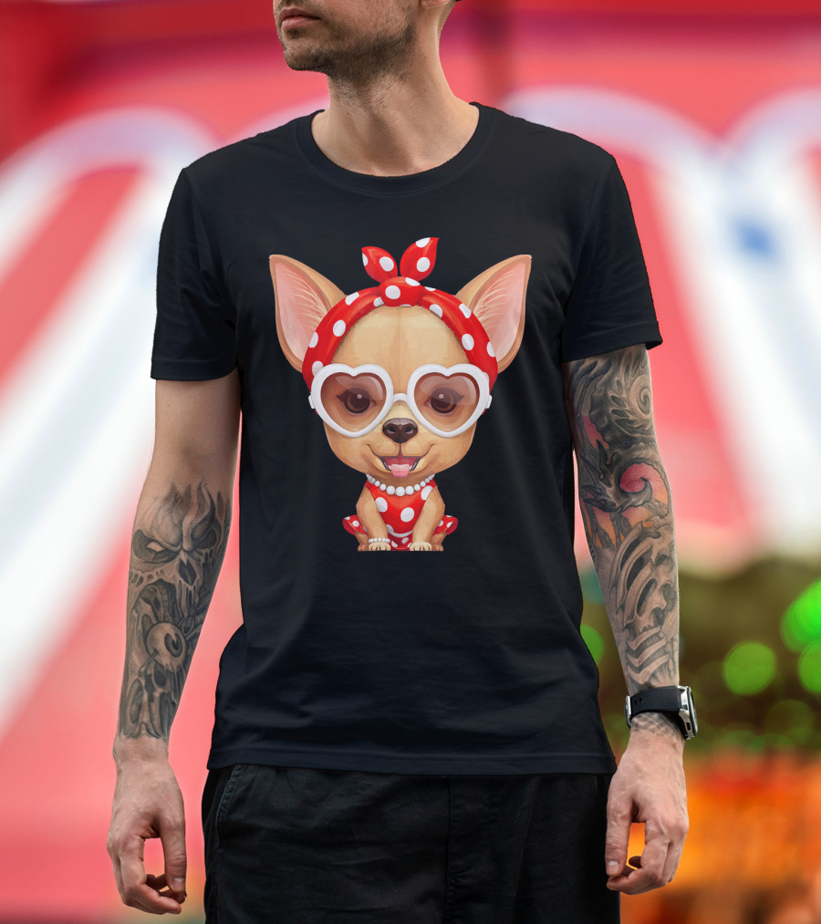 Chihuahua Retro Beauty Heart Glasses Polka Dot T-Shirt