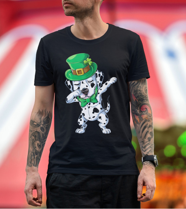 Premium T-Shirt: St. Patrick's Day Dabbing Dalmatian in Green Top Hat and Bow Tie T-Shirt St. Patrick's Day Dabbing Dalmatian in Green Top Hat and Bow Tie T-Shirt