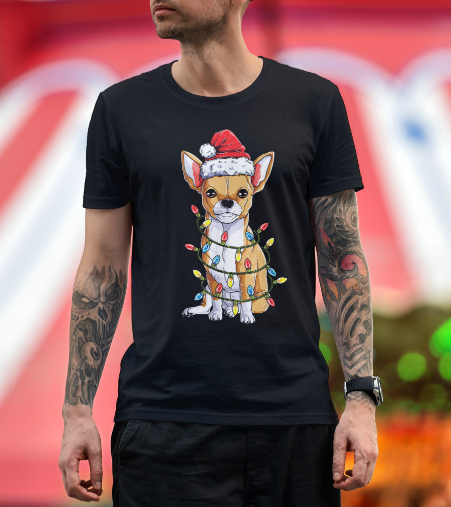 Chihuahua Santa with Christmas Lights Wrapped T-Shirt