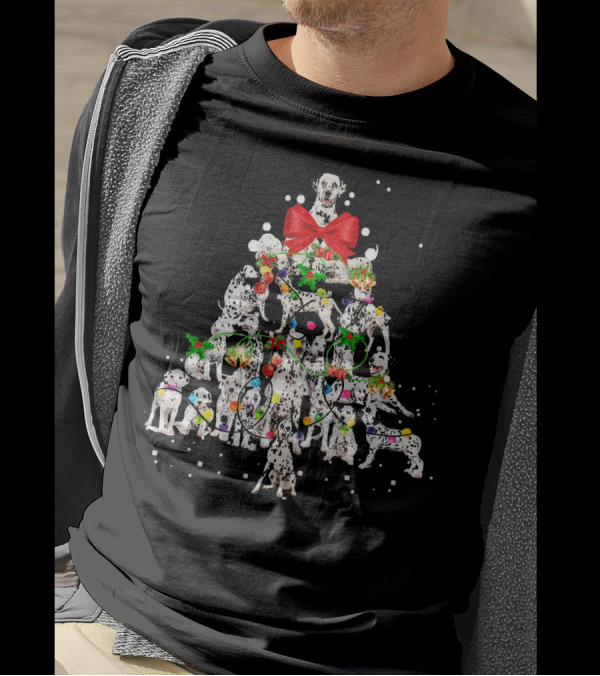Dalmatian Dog Christmas Tree With Red Bow And Holiday Ornaments T-Shirt