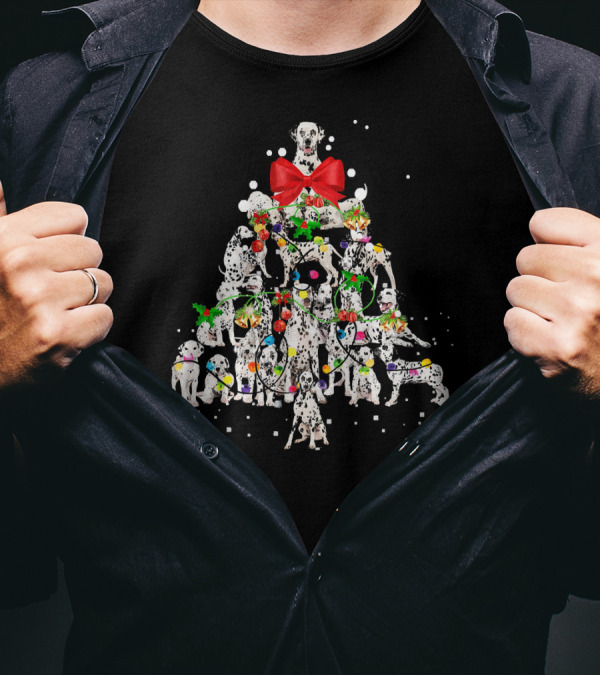 Dalmatian Dog Christmas Tree With Red Bow And Holiday Ornaments T-Shirt