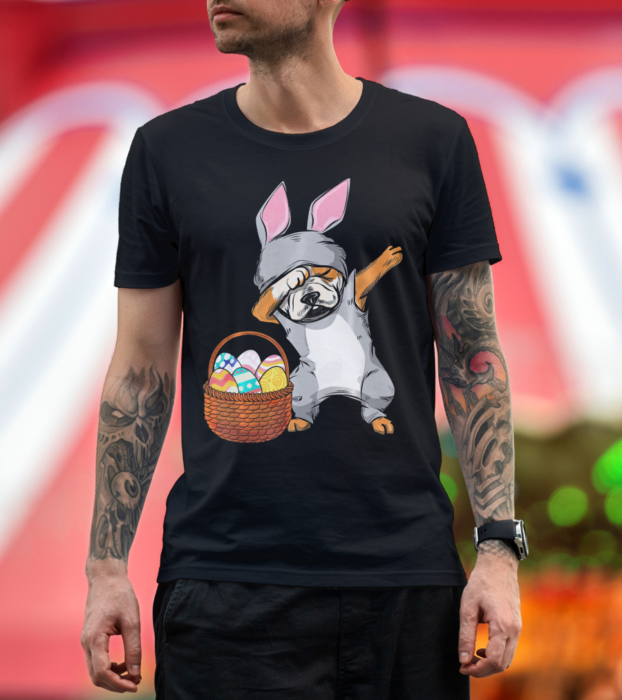 Dabbing Bulldog in Easter Bunny Costume with Basket of Eggs T-Shirt