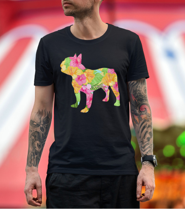Premium T-Shirt: Cute Stylish French Bulldog Hibiscus Floral T-Shirt Cute Stylish French Bulldog Hibiscus Floral T-Shirt