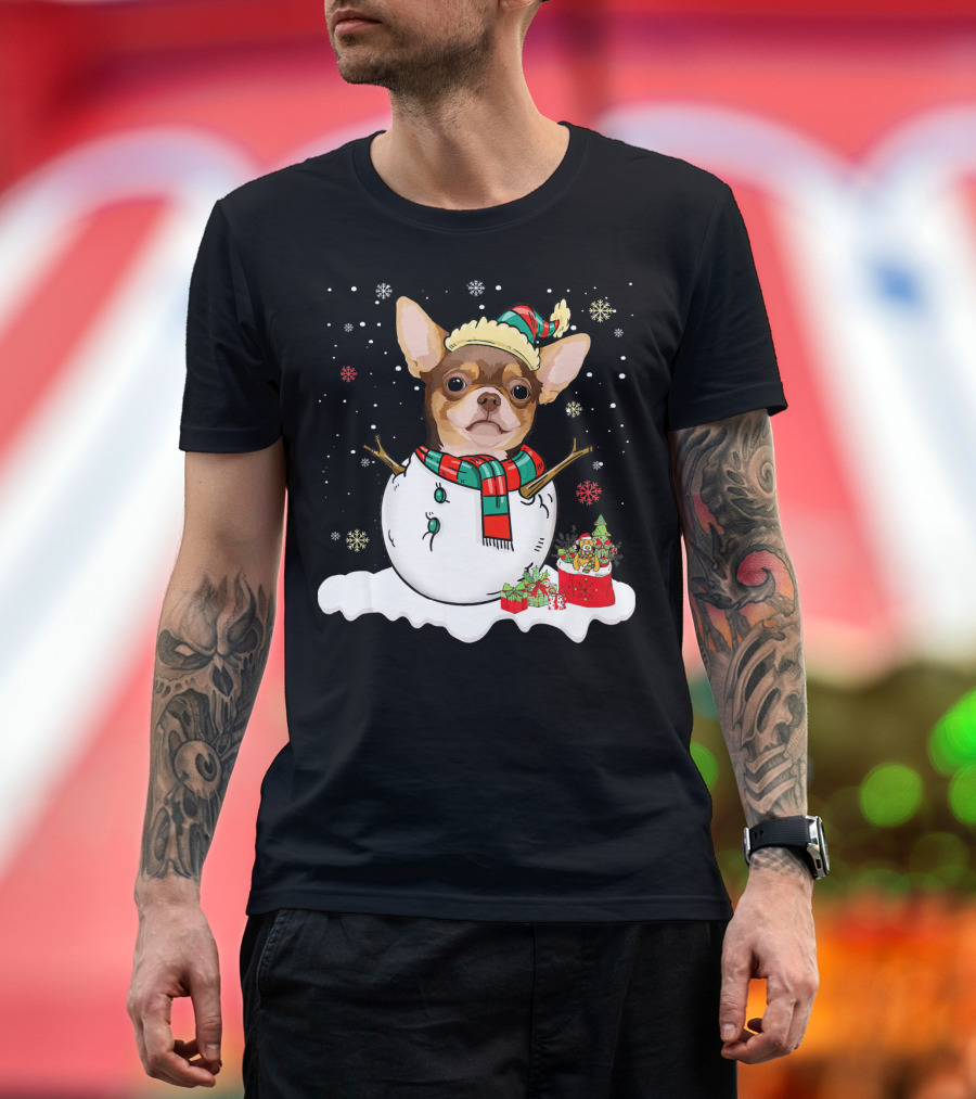 Chihuahua Christmas Snowman With Presents and Santa Hat Fiesta T-Shirt