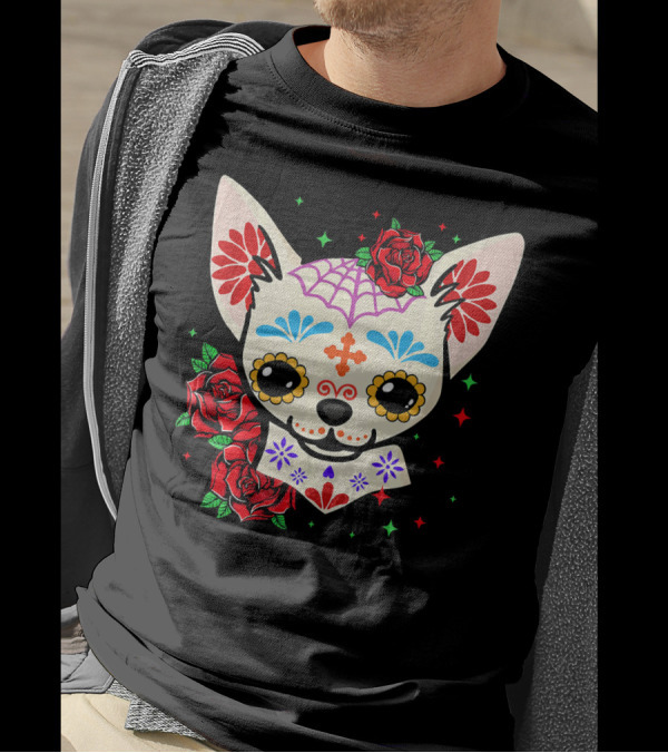 Chihuahua Sugar Skull Day Of The Dead Roses T-Shirt
