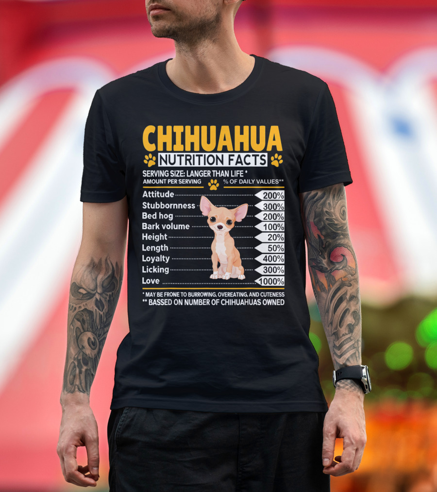 Chihuahua Pet Nutrition Facts Stubbornness Love Bark Volume Licking Loyalty T-Shirt