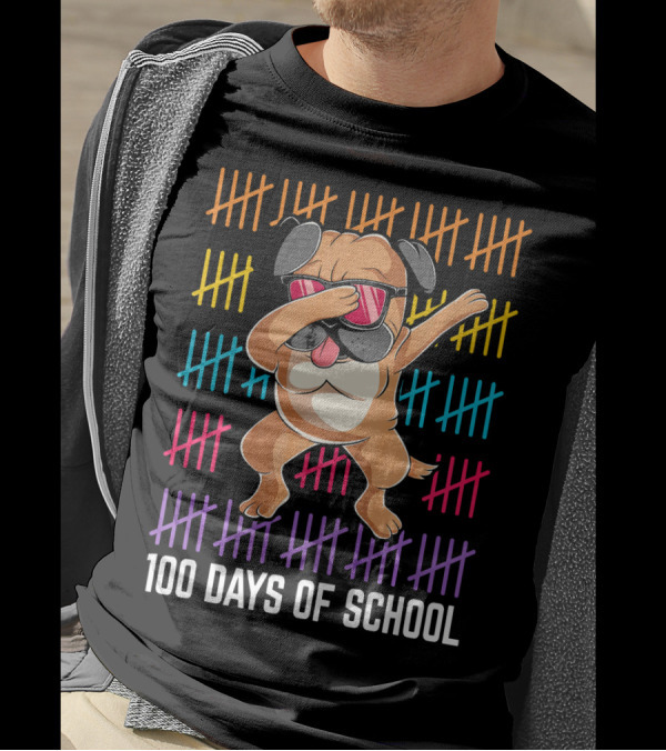 Dabbing Pug Celebrating 100 Days Of School With Colorful Tally Marks T-Shirt