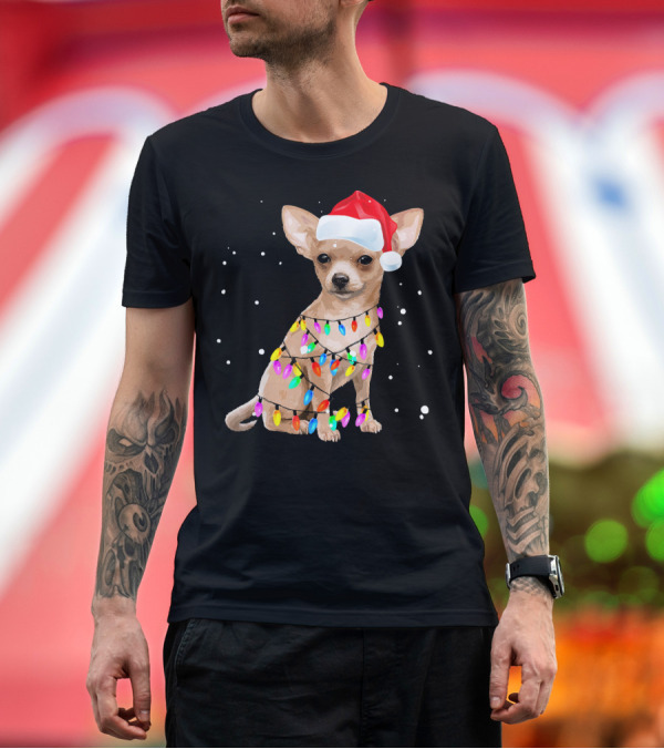 Premium T-Shirt: Chihuahua Wrapped in Christmas Lights Wearing Santa Hat T-Shirt Chihuahua Wrapped in Christmas Lights Wearing Santa Hat T-Shirt