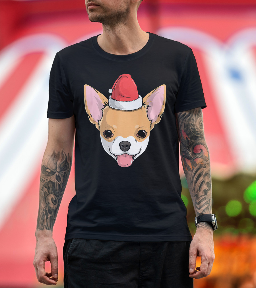 Chihuahua Dog with Santa Claus Hat Festive Holiday T-Shirt