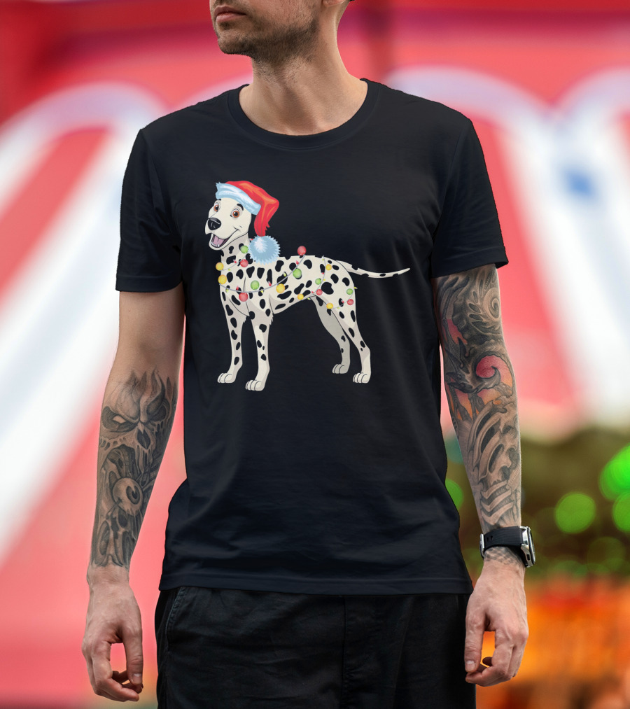 Santa Hat Dalmatian Wrapped in Christmas Lights T-Shirt