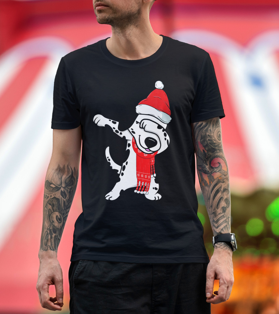 Dabbing Dalmatian Funny Christmas Costume Santa Hat Scarf T-Shirt